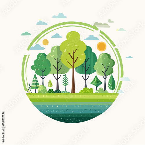 Lush green forest ecosystem illustration in a circular frame, symbolizing nature and environmental protection