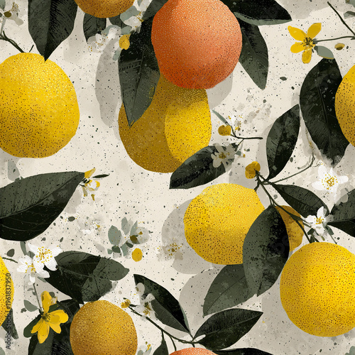 Citrus fruit pattern with yellow lemons, orange, green leaves, and small white and yellow flowers on textured light background, creating fresh and natural farmhouse style design