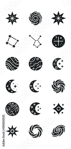 Cosmic icons abstract celestial bodies stars galaxies constellations