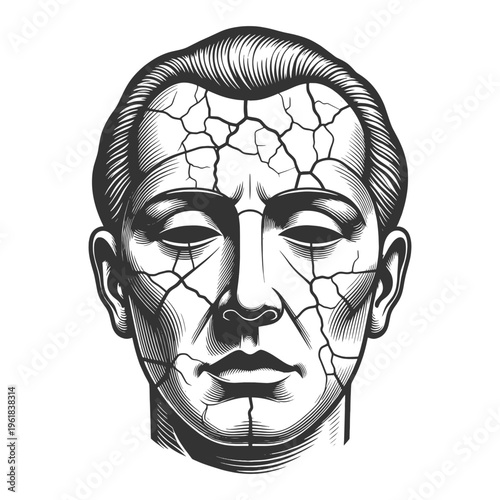 human face with visible cracks, representing psychological stress, emotional trauma, fragility, and inner mental breakdown sketch engraving generative ai vector illustration. Black and white image.