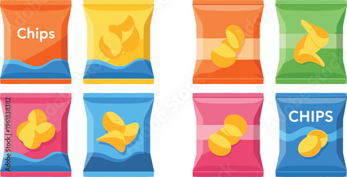 Colorful potato chips packaging set vector illustration, snack bags collection with different flavors, modern flat design junk food packaging isolated on background