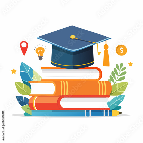 Vibrant illustration symbolizing academic success and the journey of learning with books and a graduation cap