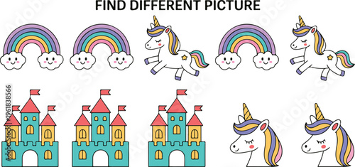 Educational find the different picture game for children with cute vector unicorns rainbows and fairy tale castles for preschool kids worksheet isolated on white