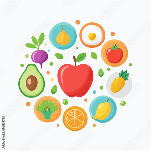 Vibrant circle of fresh produce and healthy ingredients for a balanced diet and wellness