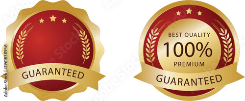 Red and gold quality guarantee seals with wheat symbols and text on transparent background.