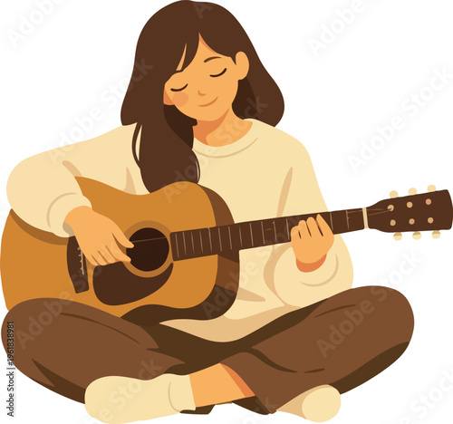 LoFi Girl Playing Acoustic Guitar Flat Vector Illustration