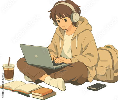 LoFi Student Learning With Laptop Flat Illustration