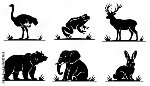 Wildlife Animal Silhouettes Set Elephant Bear Deer Vector