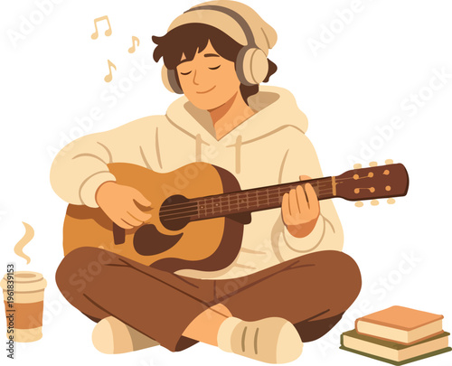 LoFi Musician Playing Guitar Full Body Flat Illustration