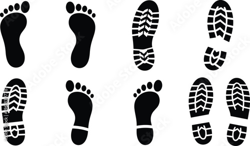 Detailed collection of black human footprint and boot tread silhouettes isolated on white for investigative and outdoor design assets