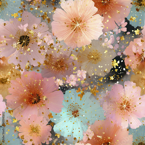 Soft pastel flower pattern with gold confetti overlay, creating delicate and elegant floral design with dreamy and festive atmosphere