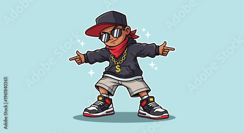 Cartoon Rapper Kid Dancing with Sunglasses and Cap.