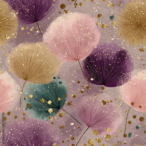Soft pastel dandelion seed heads with gold glitter accents on muted purple background create delicate and elegant floral pattern full of gentle charm and sparkle