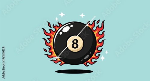 Fiery Eight Ball with Stars and Flames.