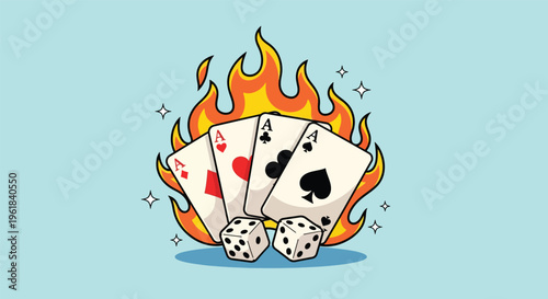 Four Aces Cards on Fire with Dice.