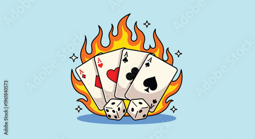 Four Aces Cards on Fire with Dice and Stars.
