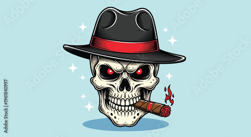 Scary Skull Wearing Hat Smoking Cigar with Red Eyes.