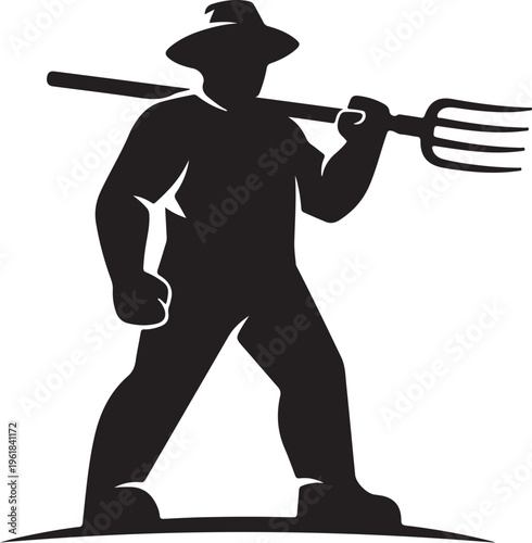Farmer silhouette holding pitchfork in strong stance outdoors