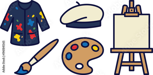 Art supplies set including easel palette and paintbrush icons
