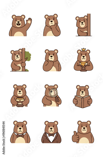 Cartoon bear character set with various actions and expressions on dark background