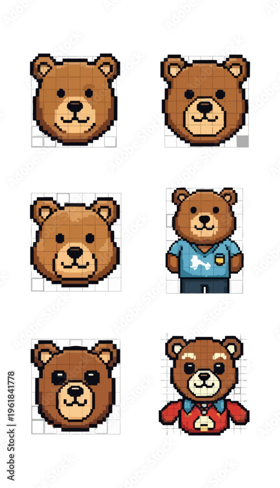 Fototapeta premium Pixelated brown bear illustrations in various poses