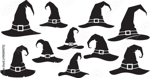 Collection of black witch hats with white buckles isolated