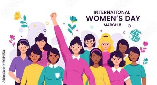 Diverse women celebrate International Womens Day with raised fists.