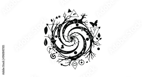 Whimsical spiral design with organic elements and geometric symbols evoking nature and balance.