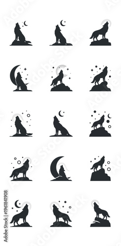 Stylized silhouettes of howling wolves with moon phases
