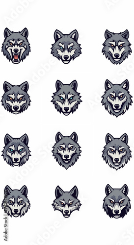 Stylized wolf head illustrations in various expressions