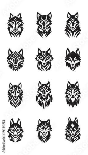 Stylized wolf heads in monochrome set
