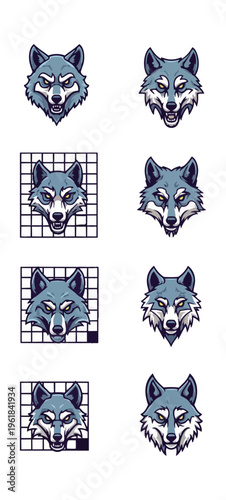Stylized wolf head illustrations on black background
