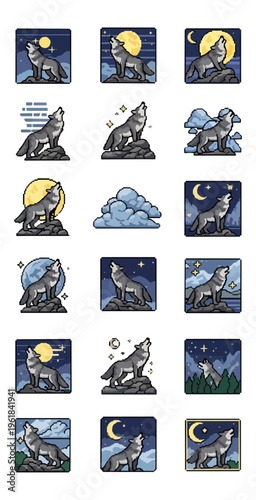 Stylized wolf howling at the moon various night sky illustrations