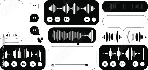 Vector set of audio sound wave icons and music playback interface elements including waveform bubbles and player controls isolated on white background