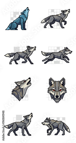 Stylized wolf illustrations howling running posing isolated black background