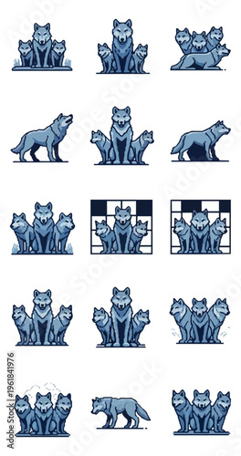 Stylized wolf pack illustrations in various poses and groupings