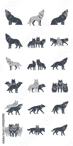 Stylized wolf pack illustrations in various poses on black background