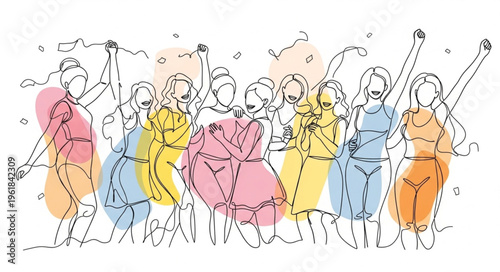 Diverse group of women dancing and celebrating together joyfully.