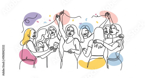 Group of diverse women celebrating together with confetti and streamers.
