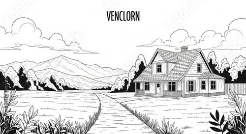 Large house with a sloped roof and a winding driveway in a rural setting with mountains