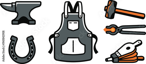 Blacksmithing tools vector icon set with anvil and apron