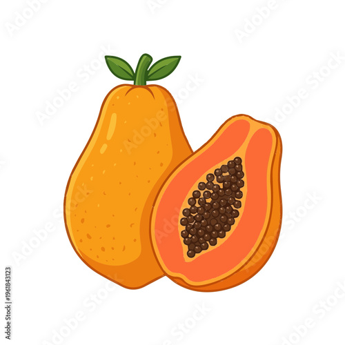 A vibrant illustration of a whole ripe papaya fruit next to a half-cut papaya revealing its orange flesh and black seeds.