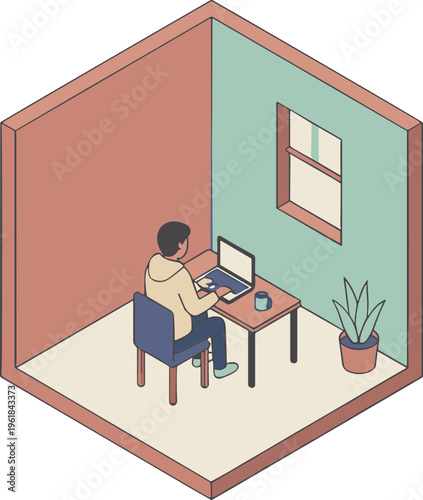 A person works on a laptop at a desk in a room with a window and plant.