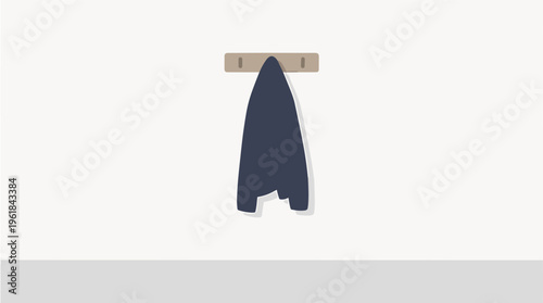 A dark blue surfboard hangs on a wooden rack indoors.