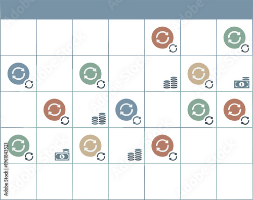 A graphic illustration of various colored icons and charts on a grid background.