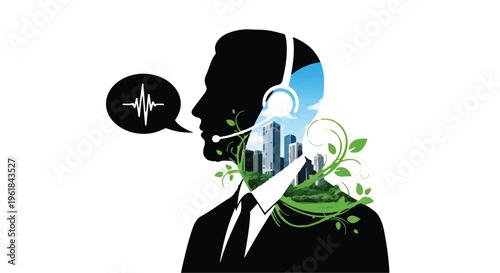 Silhouette of a person with headset, embodying communication and nature's integration with urban life.