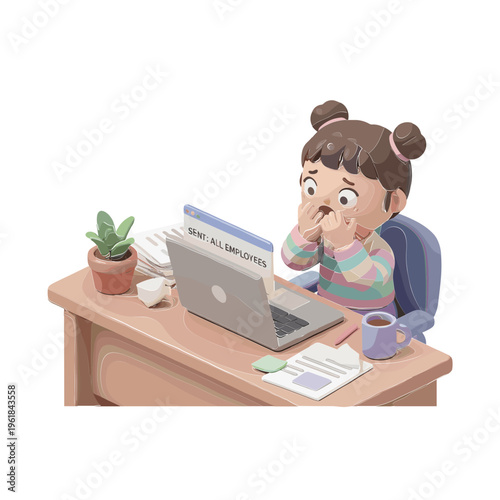 A young girl sits at her desk shocked by laptop screen