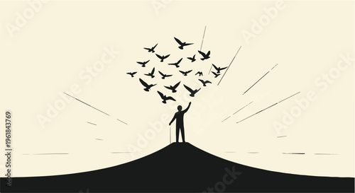 Person releasing flock of birds into the sky from a mountaintop, symbolizing freedom and hope.