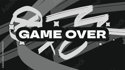 Grey Paintbrush with White Doodles with 'Game Over' Text with Black Bold Outlines placed on the art, Monochrome Street Style Concept Art Poster