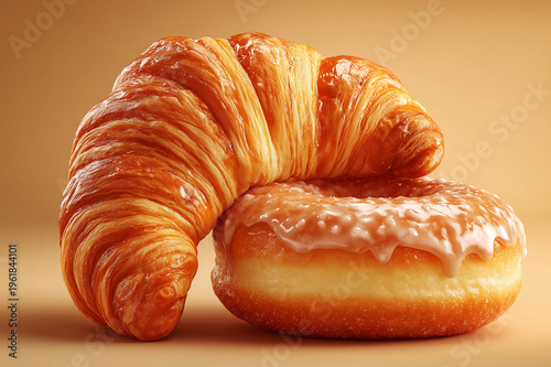 A delicious croissant with a crispy, flaky texture and a donut with white icing. The concept of a morning decision, a preference. A sweet treat.